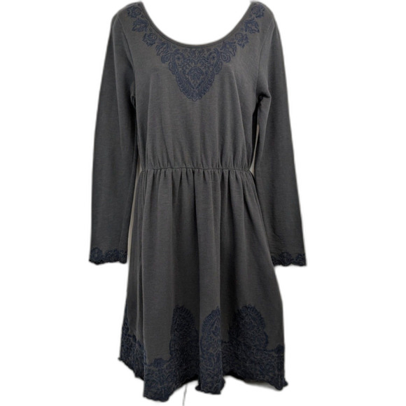 Anthropologie Saturday Sunday Embroidered Ellie Gray Blue Dress Keyhole Medium - Picture 1 of 8